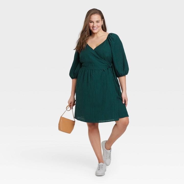 Women's Plus Size Balloon Elbow Sleeve Tie Waist Wrap Dress - A New Day Dark Green