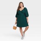 Women's Plus Size Balloon Elbow Sleeve Tie Waist Wrap Dress - A New Day Dark Green