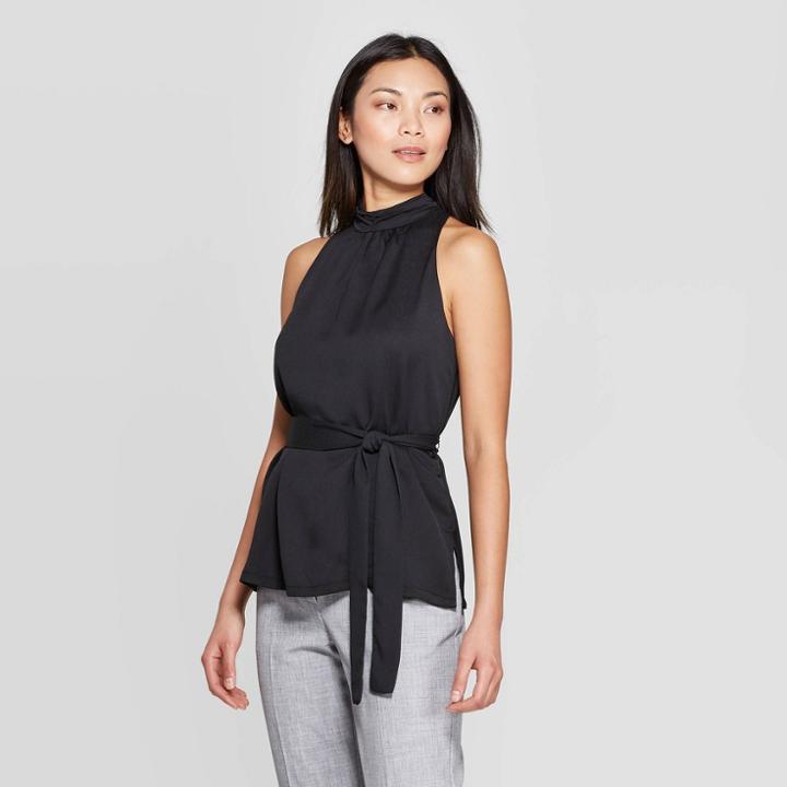 Women's Sleeveless Turtleneck Belted Top - Prologue Black