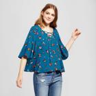 Women's Woven Lace-up Floral Blouse - Mossimo Supply Co. Blue