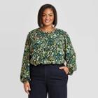 Women's Plus Size Floral Print Long Sleeve Button-front Blouse - A New Day Green