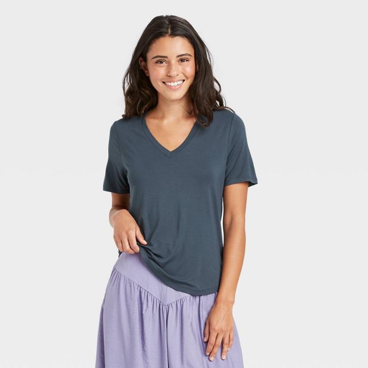 Women's Short Sleeve V-neck Drapey T-shirt - A New Day Dark Blue