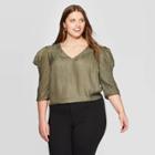Women's Plus Size Leopard Print 3/4 Sleeve V-neck Blouse - A New Day Olive, Women's,