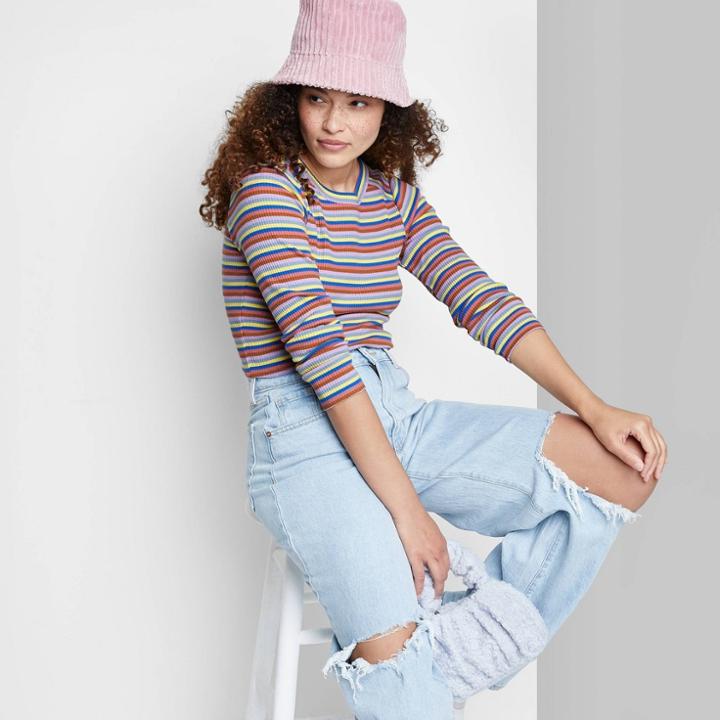 Women's Long Sleeve Slim Fit Baby T-shirt - Wild Fable Blue Multi