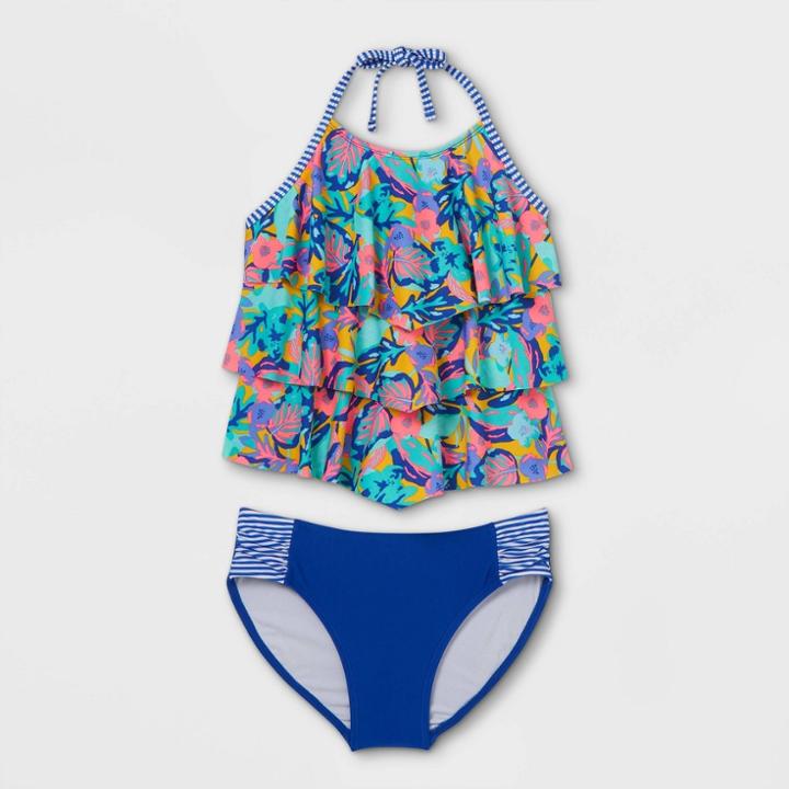 Girls' Tropical Print Tiered Ruffle Tankini Set - Cat & Jack