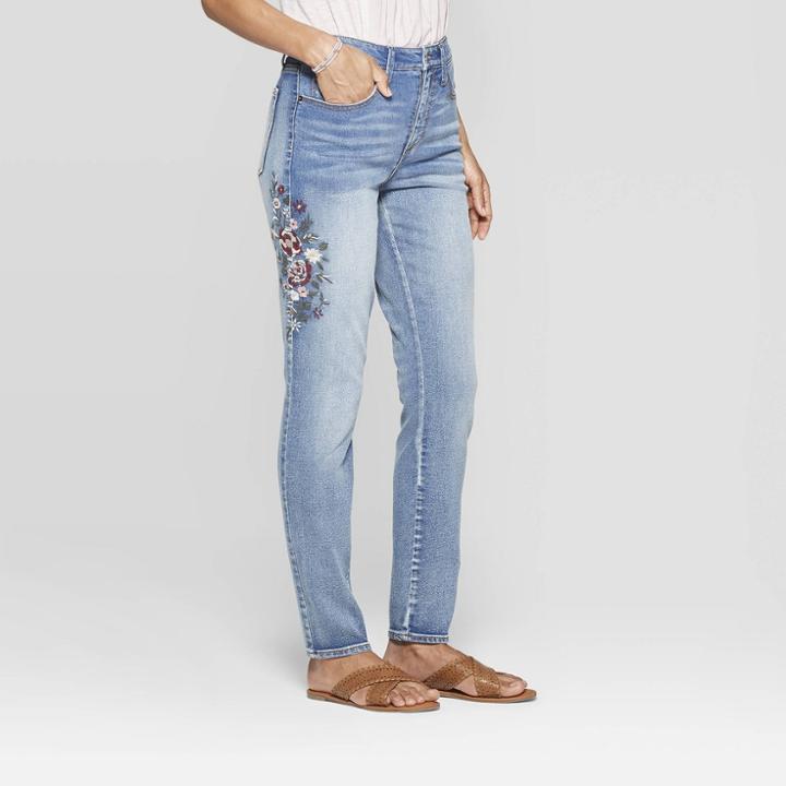 Women's Mid-rise Embroidered Straight Fit Fashion Pants - Knox Rose Light Denim