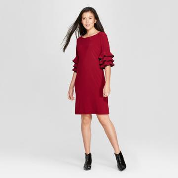 Women's Trimmed Triple Ruffle Sleeve Dress - Melonie T - Red/black