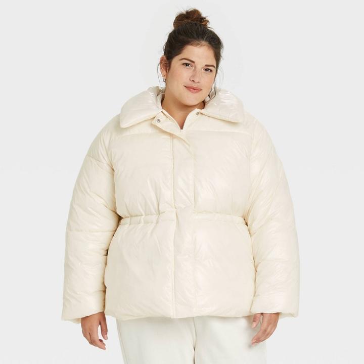 Women's Plus Size Medium Length Wet Look Puffer Jacket - A New Day Cream
