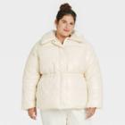 Women's Plus Size Medium Length Wet Look Puffer Jacket - A New Day Cream