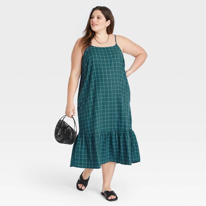 Women's Plus Size Plaid Sleeveless Ruffle Hem Dress - A New Day Blue