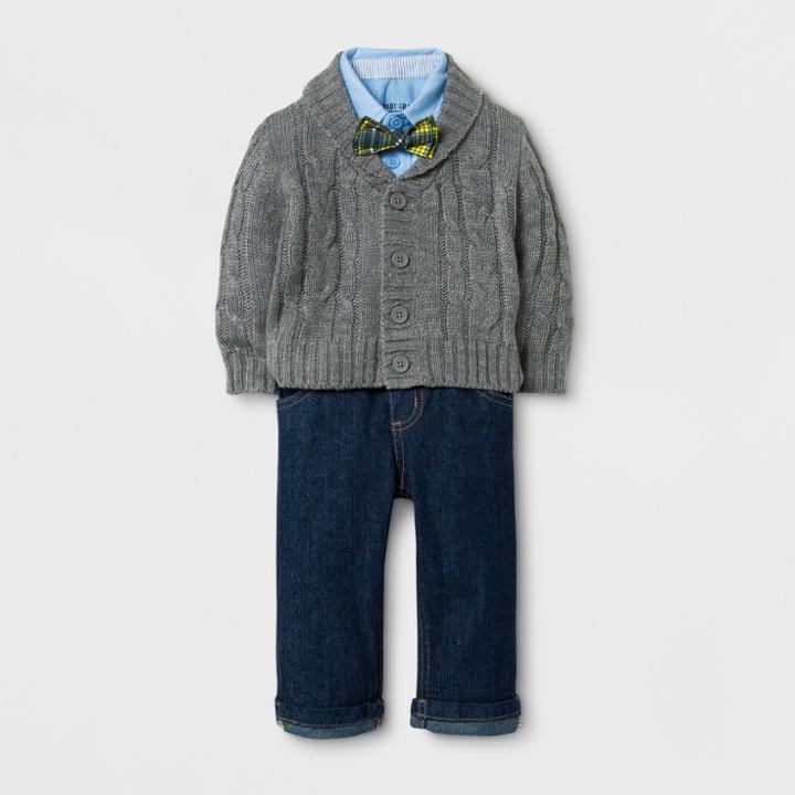 Baby Grand Signature Baby Boys' Cable Cardigan And Denim Pants Suit Set - Gray