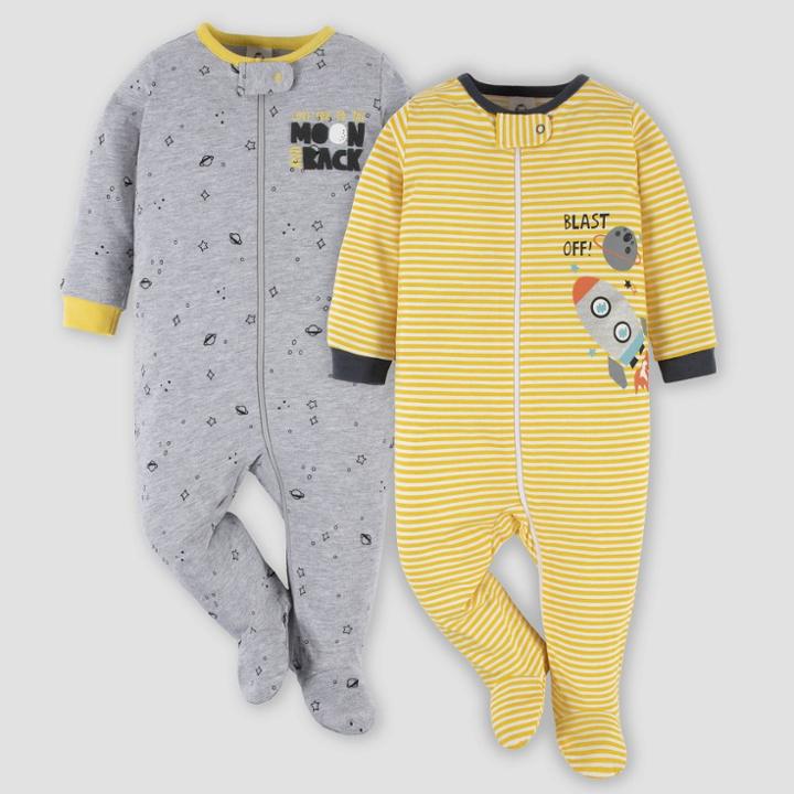 Gerber Baby 2pk Blast Off Space Zip-front Sleep N' Play - Yellow/gray