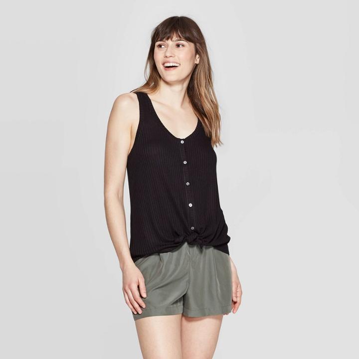 Women's Scoop Neck Tie-front Rib Tank Top - A New Day Black