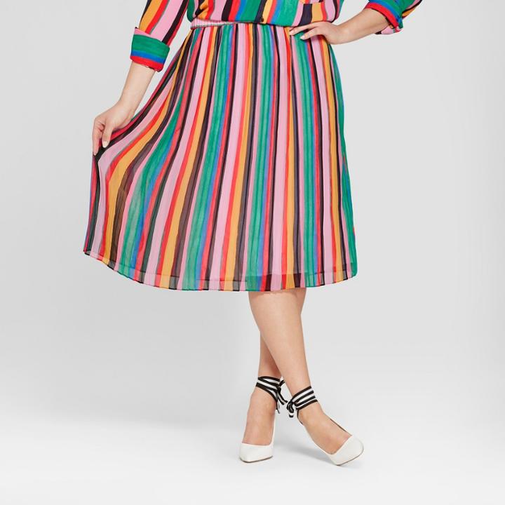 Women's Plus Size Striped Pleated Skirt- Who What Wear Yellow/green 3x, Multicolored