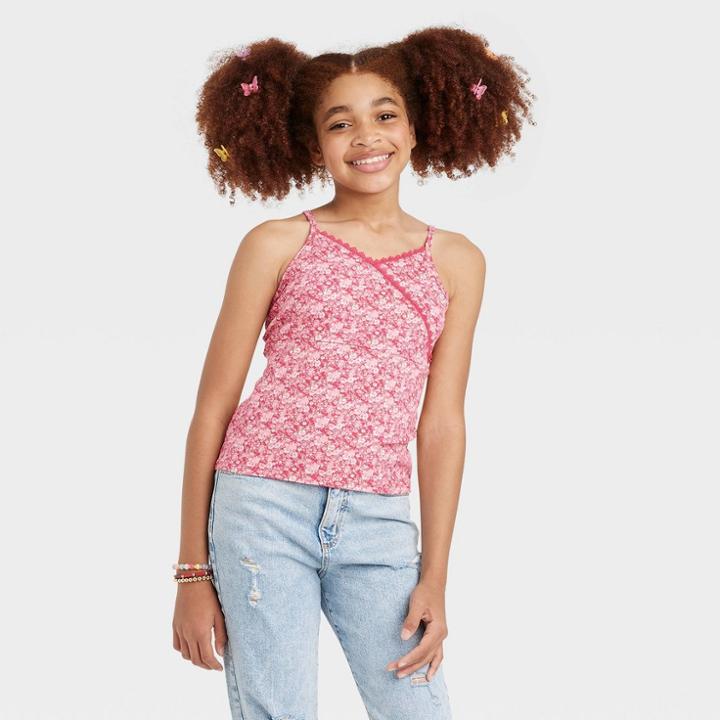 Girls' Lace Trim Cami Tank Top - Art Class Red Floral