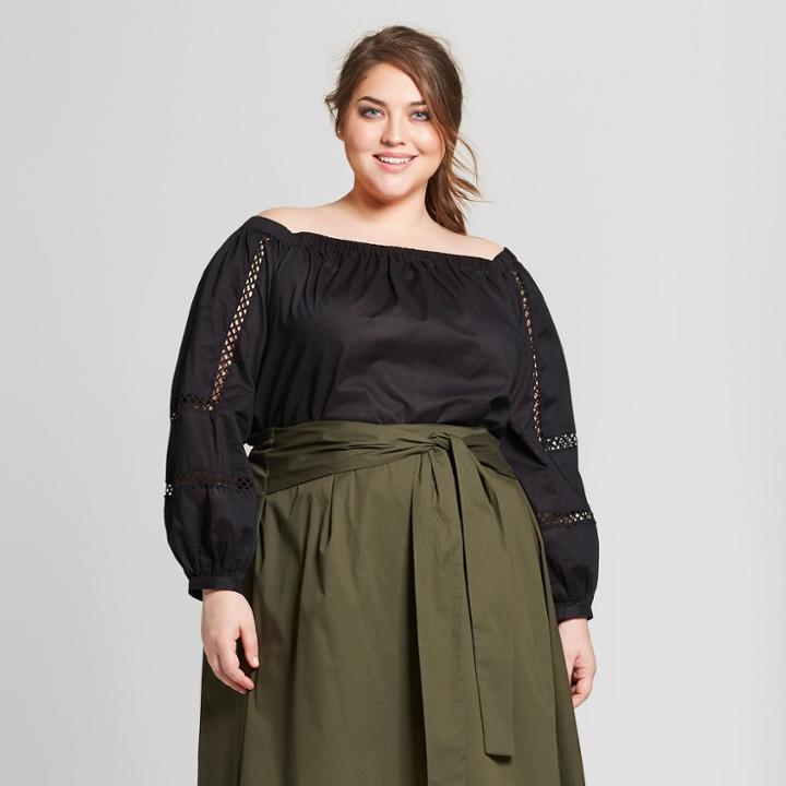 Women's Plus Size Long Sleeve Blouson Bardot Blouse - Who What Wear Black X