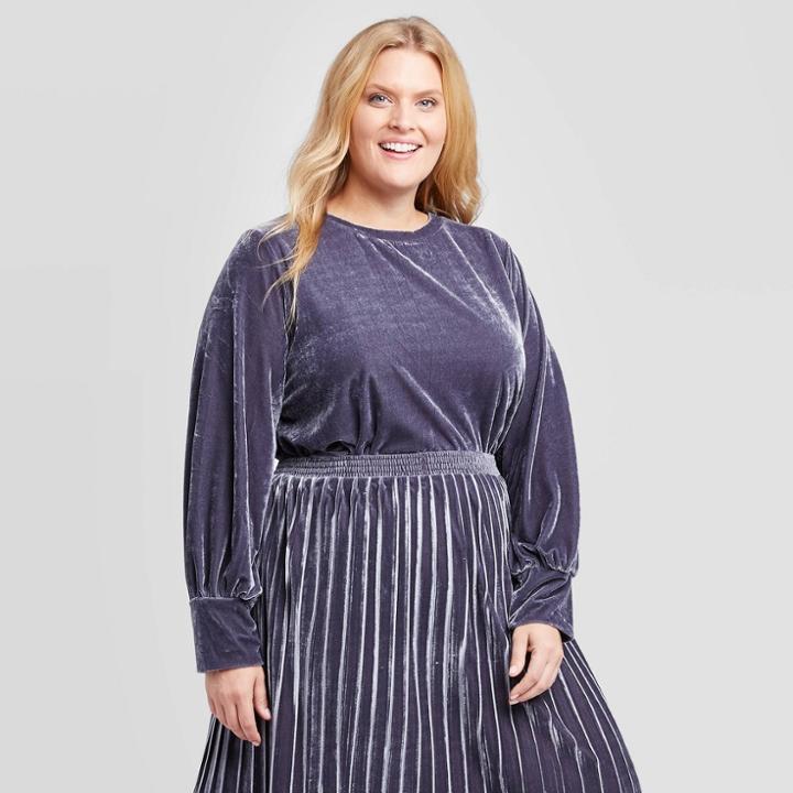 Women's Plus Size Long Sleeve Crewneck Velour Pullover - Ava & Viv Blue 2x, Women's,
