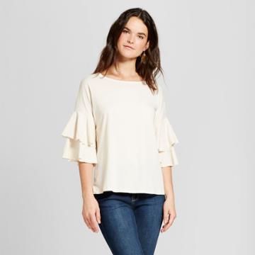 Women's Ballet Neck Ruffle Sleeve Knit Top - Loramendi Cream