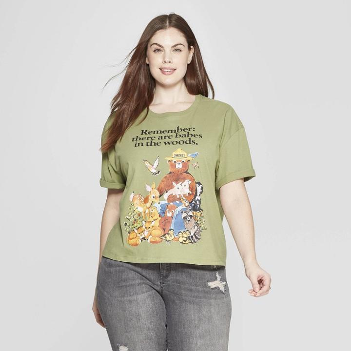 Women's Smokey Bear Plus Size Short Sleeve Crew Neck Babes In The Woods T-shirt (juniors') -