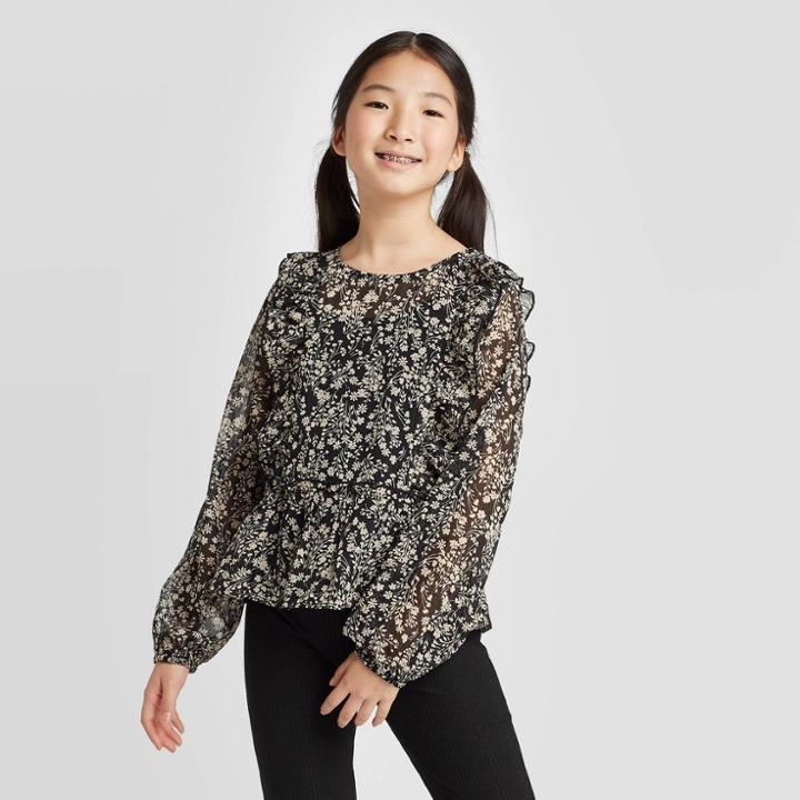Girls' Ruffle Sleeve Top - Art Class Black
