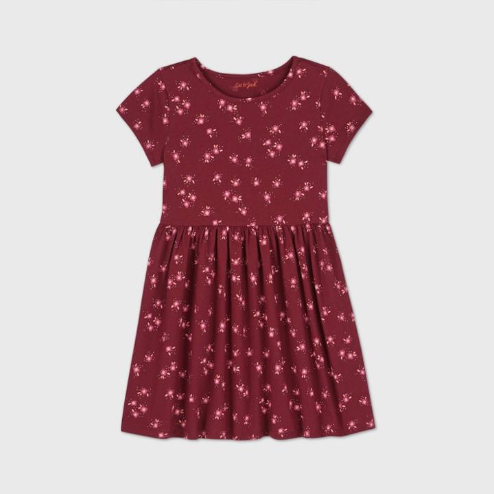 Girls' Short Sleeve Printed Knit Dress - Cat & Jack Burgundy
