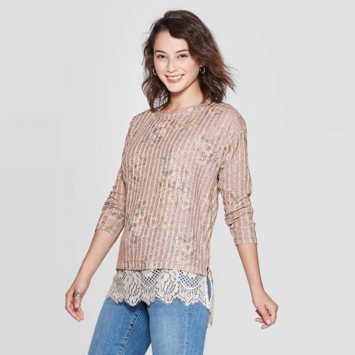 Women's Floral Print Long Sleeve Round Neck Lace Trim Sweater Knit Top - Xhilaration Mauve Xs, Women's, Purple