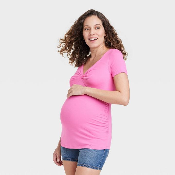 Short Sleeve Twist-front Maternity Top - Isabel Maternity By Ingrid & Isabel Pink