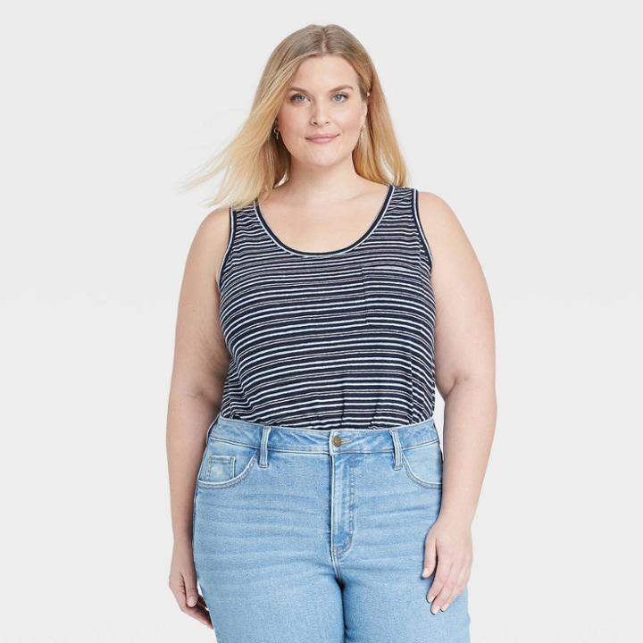 Women's Plus Size Striped Linen Pocket Tank Top - Ava & Viv Navy X