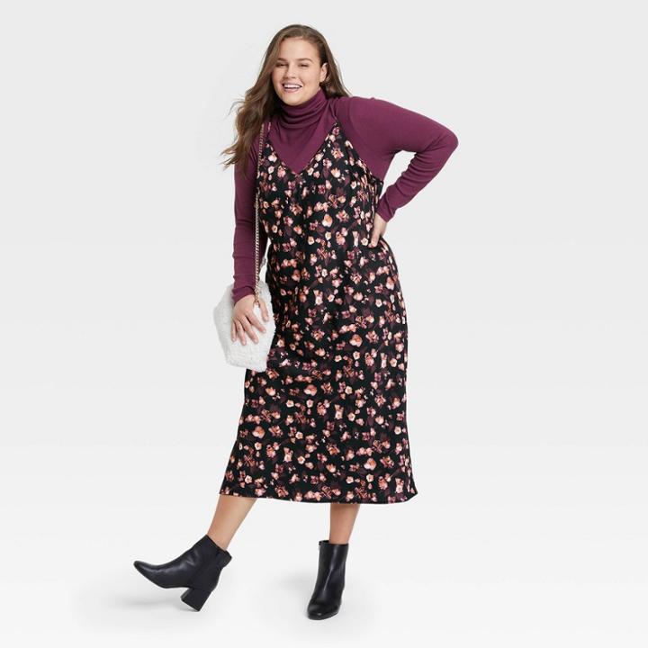 Women's Plus Size Slip Dress - A New Day Black Floral Print