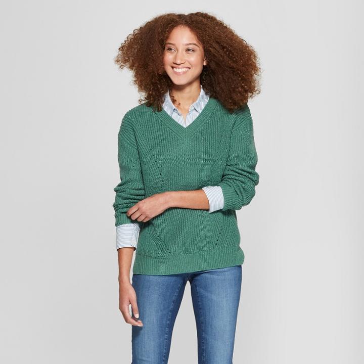 Women's V-neck Pullover Sweater - A New Day Green