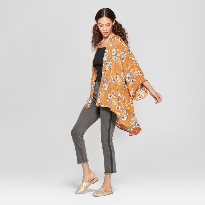 Women's Floral Print Long Sleeve Sheer Duster Kimono - Xhilaration Yellow