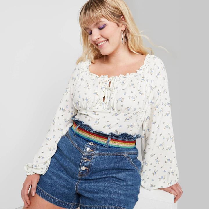 Women's Plus Size Floral Print Long Sleeve Square Neck Woven Top - Wild Fable Ivory 1x, Women's, Size: