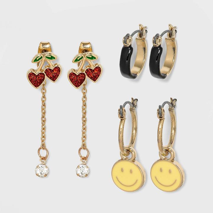 Heart Cherry And Smiley Face Hoop And Stud Trio Earrings - Wild Fable , Red