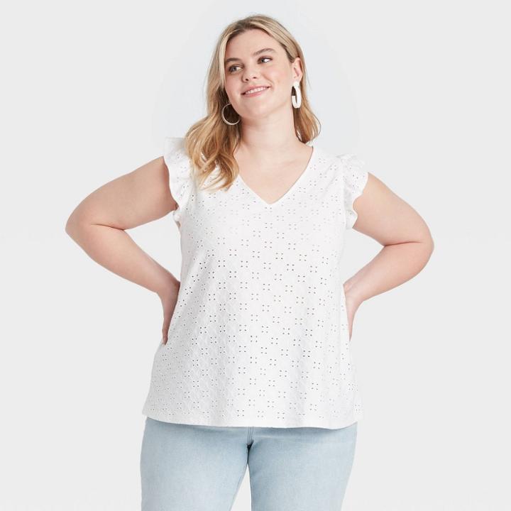 Women's Plus Size V-neck Slim Fit Eyelet Ruffle Tank Top - Ava & Viv White X