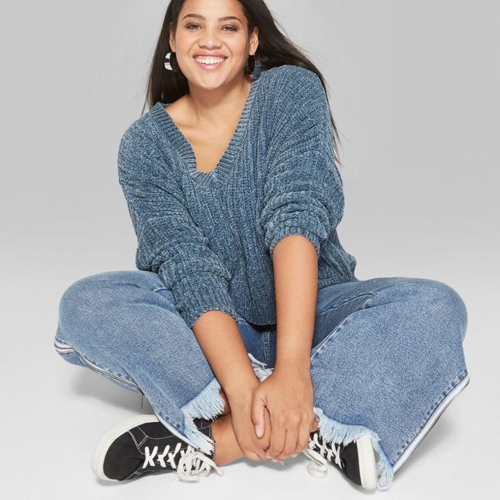 Women's Plus Size Chenille V-neck Pullover - Wild Fable Blue