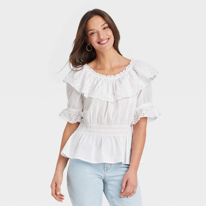 Women's Ruffle Short Sleeve Eyelet Peplum Blouse - Universal Thread White