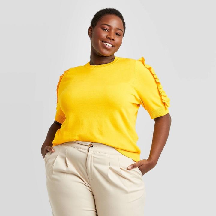 Women's Plus Size Crewneck Ruffle Detail Pullover Sweater - Who What Wear Yellow