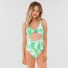 Women's Tie Front Cut Out One Piece Swimsuit - Sugar Coast By Lolli Palm Print