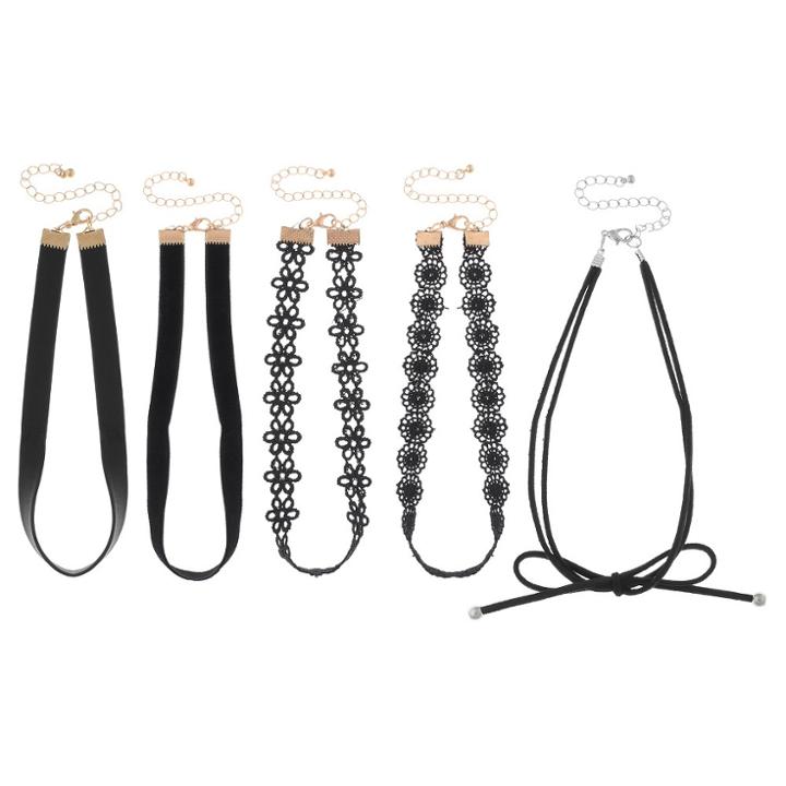 Target Women's Necklace Five Pack Choker Set With Mixed Trim Necks And Tie-black, Black