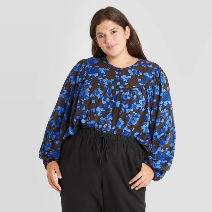 Women's Plus Size Floral Print Long Sleeve Button-front Blouse - A New Day Brown/blue