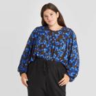 Women's Plus Size Floral Print Long Sleeve Button-front Blouse - A New Day Brown/blue