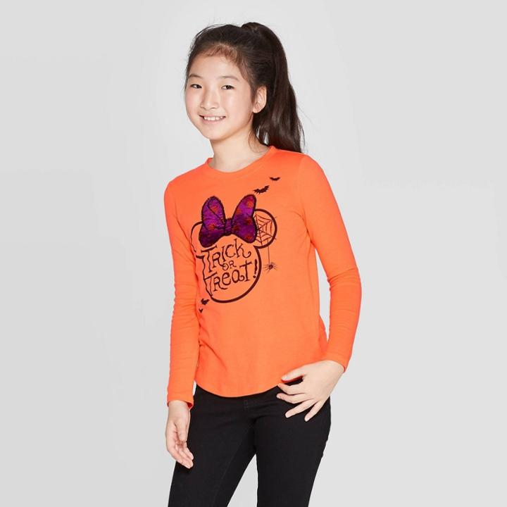 Mickey Mouse & Friends Girls' Minnie Mouse Halloween Flip Sequin Long Sleeve T-shirt - Orange