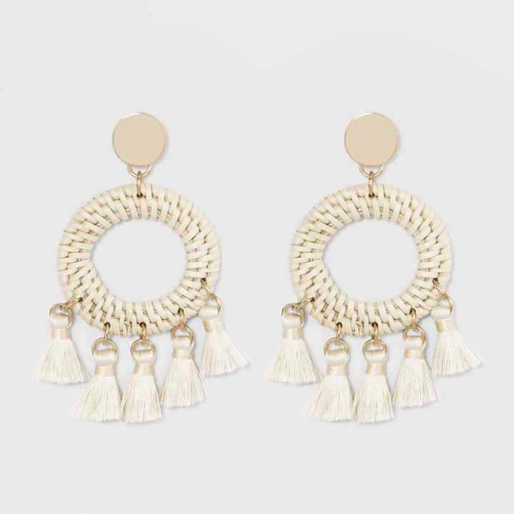 Open Woven Straw And Tassel Earrings - A New Day Ivory