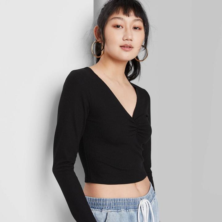 Women's Long Sleeve V-neck Ruched Thermal Baby T-shirt - Wild Fable Black