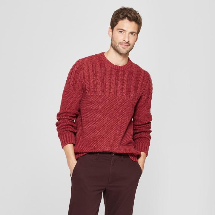 Men's Long Sleeve Cable Crew Pullover Sweater - Goodfellow & Co Berry (pink)