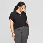 Women's Plus Size Short Sleeve Collared Mixed Media Popover Button-down Shirt - Ava & Viv Black