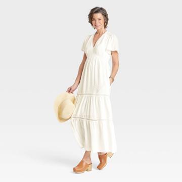 Women's Flutter Short Sleeve Dobby A-line Dress - Knox Rose White