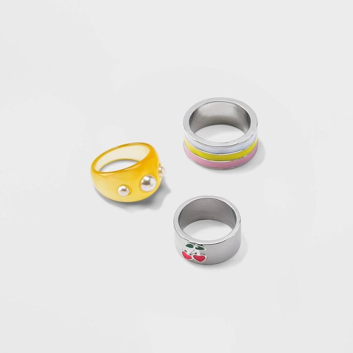 Cherry And Simulated Pearl Ring Set 3pc - Wild Fable , Red/white