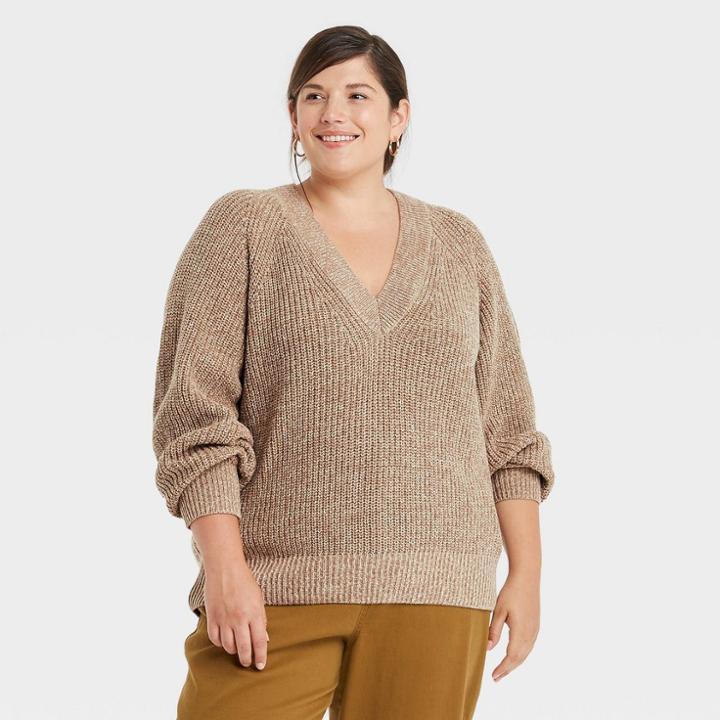 Women's Plus Size V-neck Pullover Sweater - A New Day Camel