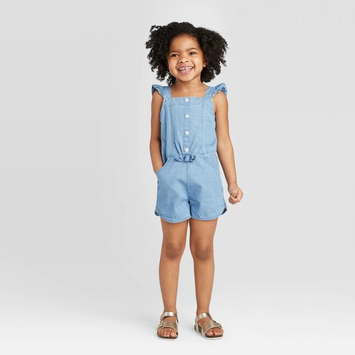 Toddler Girls' Chambray Romper - Cat & Jack Blue 12m, Toddler Girl's